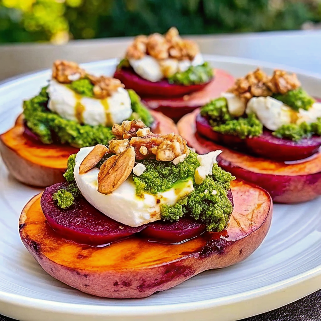 SWEET POTATOES WITH BURRATA, ROASTED BEETS, AND WALNUT SAGE PESTO